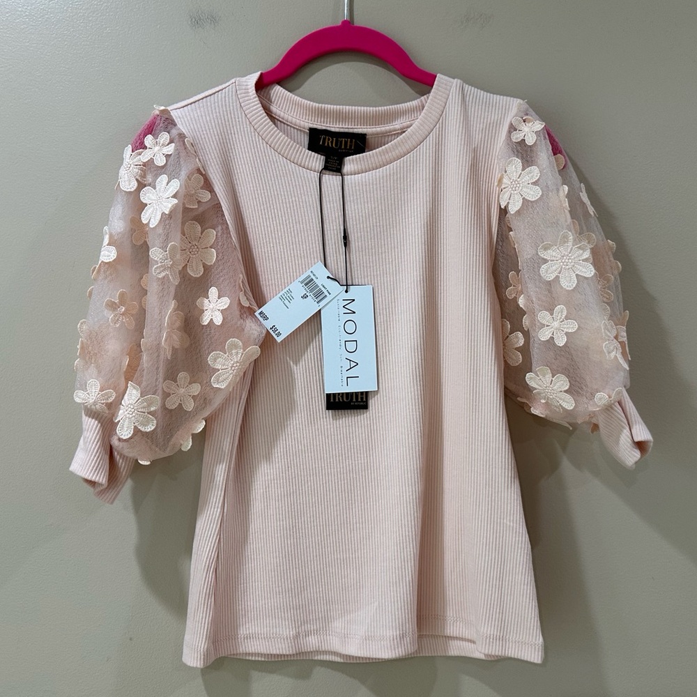 Truth Sheer Embroidered Puff Sleeve Top Pink Modal Rib Knit Floral Size S NWT